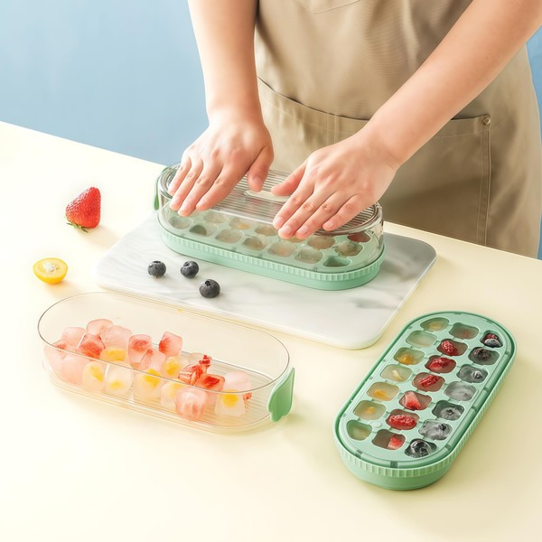 Pressable Ice Cube Tray with 21 Compartments, Green, Easy Ice
