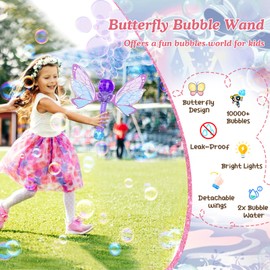 Bombble Butterfly Bubble Wand for Kids Automatic Bubble Machine with Light/Solution/10000+ Bubbles/Removable Wings Summer Bubble Maker Toys for Girls Birthday Gift Parties Outdoor Wedding