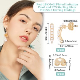 Beebeecraft 10pcs/box Pearl Earring Accessories 18K Gold-Plated Rectangular Brass Earring with 925 Sterling Silver Pins and 10 Pieces Plastic Earring Backs