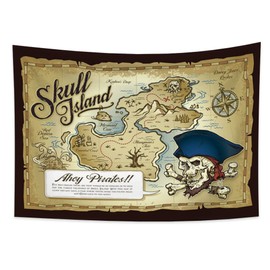 YONGFOTO 100x70cm Weltkarte Wandteppich, Schatzkarte Schädel Insel Berg Kokospalme Wald Ozean Meereswellen Kompass Wandteppich für Wohnzimmer Wohnheim Dekor Sofa Teppich Decke