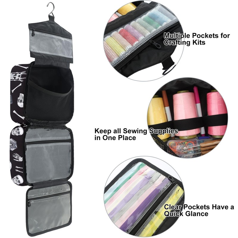 YNNALE Sewing Supply Organizer Bag, Gothic Skull Skeleton Coffin Black