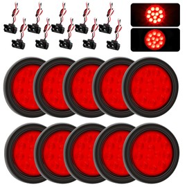 Ronybuy 10Pcs 4" Round Red Led Trailer Lights, Trailer Tail Lights, 4 Inch 12V Waterproof Stop Turn Brake Led Tail Lights Sealed Flush Mount for Trucks RV Rubber Grommets & 3-Prong Wire Plugs Included