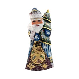 Needzo Christmas Decoration Russian Santa Claus Figurine Hand Painted Carved, Red Father Frost Hand Made, Santa Holding Tree and Bag of Goodies, 6 1/2 Inch