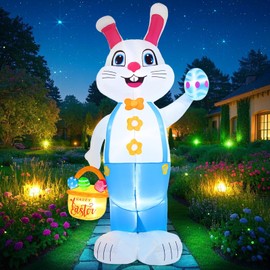 6FT Easter inflatables Bunny Outdoor Decorations LED Lighted Blow Up Rabbit with Colorful Egg Basket Outside Indoor Inflatable Decor for Lawn Yard Garden Easter Party Holiday Egg Hunt