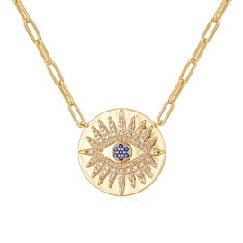 French Runway Azure Gaze: Gold Geometric Coin Blue CZ Evil Eye Necklace - 18k Gold Plated Jewelry, Brass, Cubic Zirconia
