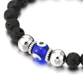 COOLSTEELANDBEYOND Man Women Black Volcanic Lava Stone Bead Bracelet with Murano Glass Evil Eye Bead, Protection Prayer(CA)