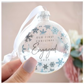First Christmas Engaged 2024 Glass Bauble. Navy Blue Snowflake Decoration. Couple Anniversary Xmas Tree Hanging Ornament. EngagementKeepsake