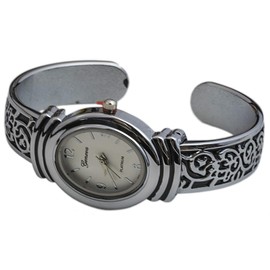 Blekon Collections Japanese Quartz Women's 25mm Case Designed Metal Cuff Bangle Watch (Silver)