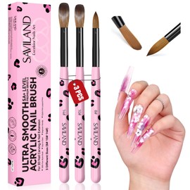 SAVILAND 3 Piece Ultra Smooth Acrylic Brush Set for Nail Art & Nail Extension, 5A+ Level Premium Nylon Nail Brushes, Acrylic Brush for Nails Size 8/10/14, Pink Leopard Design