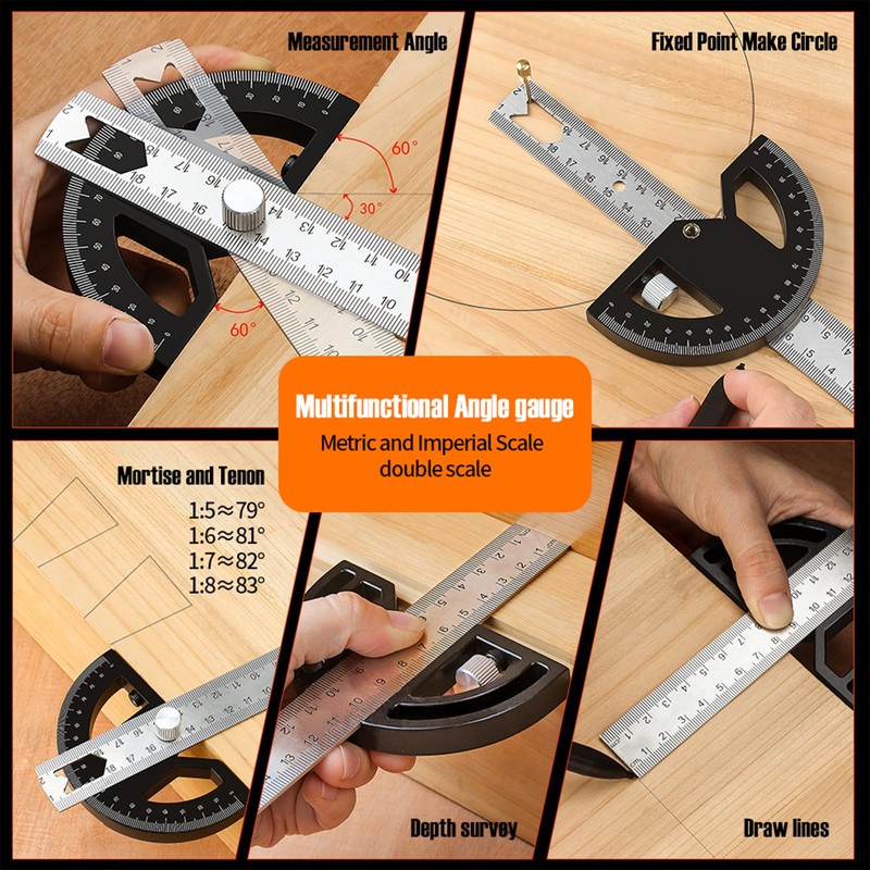 Protractor Angle Ruler, Angle Gauge Tool, Adjustable Stainless Steel Angle