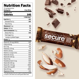 Andrew Lessman Secure Complete Meal Replacement Bars - Chocolate Brownie Almond Crunch - 36 ct box –7g Protein Bars. 50%-200% of the RDI of 11 Vitamins plus Inulin Fiber. Low Calorie Meal Replacement Bars. Gluten-Free, Dairy-Free, Vegan, Non-GMO.