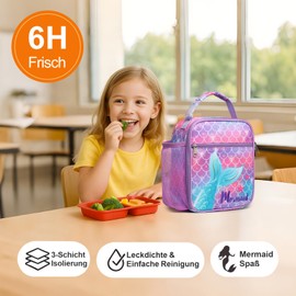 Bagseri Insulated Lunch Bag Children - Large Cool Bag Children for Lunch Box with Bottle Holder, Leak-proof Lunch Box Waterproof Cool Bag Small for Picnic Schools Purple Mermaid Tail