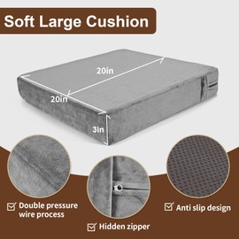 SINOSSO Velvet Large Chair Cushion for Elderly 20" x 20" x 3", High Density Foam Seat Cushion for Recliner Couch Armchair, Thickened Chair Pad, Gray