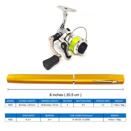 Portable Small Pen Fishing Rod and All Metal Spinning Reel Combo, 38inches Pocket Mini Telescopic Fishing Pole Kit for River Lake Ice Fishing Etc (Golden)