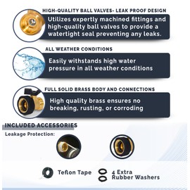 Morvat Garden Hose Shut Off Valve with Rubber Comfort Grip, Heavy Duty Full Brass On/Off Connector Adapter for Water Faucet, Swivel Top, Includes Two Extra Rubber Washers & Roll of Teflon Tape