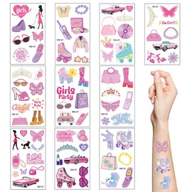 Pink Temporary Tattoos for Kids,10 Sheets Pink Princess Waterproof Fake Tattoo Stickers for Kids Girls Birthday Gifts Party Favor Supplies