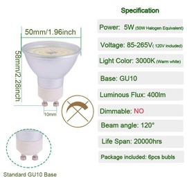CIKAMIO 6-Packs MR16 GU10 5W 120V led spotight 3000K Warm White Equivalent to 50W Halogen Bulb GU10 Bulb Replacement for Track Lighting GU10 LED Bulbs for Kitchen.Living Room (Warm White 3000k)