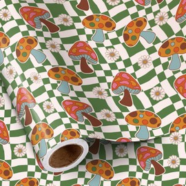 RUSPEPA Retro Boho Wrapping Paper Roll, Mini Roll, Vintage Mushroom Design with Daisy, Plaid and Vibrant Colors, Gift Wrap Paper Great for Birthday, Boho Gifts and Spring Gifts, 17 Inches x 16.4 Feet