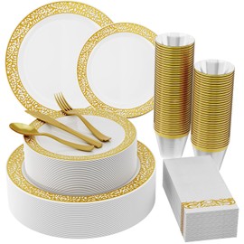 210 Count Gold Plastic Dinnerware, Gold Disposable Plates, Includes: 30 Dinner Plates 30 Dessert Plates & 30 Cups & 30 Gold Paper Napkins & 30 Plastic Silverware Set
