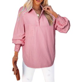 Astylish Womens Trendy Collar Long Sleeve Henley Shirts Fine Striped V-Neck Button Down Teacher Tops Blouse for Pocket Shirred Fiery Red Large