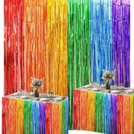Foil Fringe Garland Table Skirt Metallic Tinsel Backdrop for Baby Shower Banquet Parade Trailer Mardi Gras Birthday Wedding Christmas Party (Rainbow)