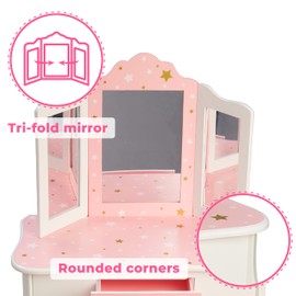 Teamson Kids Princess Gisele Twinkle Star Print 2-Piece Kids Wooden Play Vanity Set with Vanity Table, Tri-Fold Mirror, Storage Drawer, and Matching Stool, White with Pink and Gold Star Accent