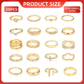 Krysel 20Pcs Gold Rings Set for Women, Dainty Stackable Rings, Fashionable Gold-Plated Finger Ring for Women and Girls, Ideal for Daily Wear and Gifting