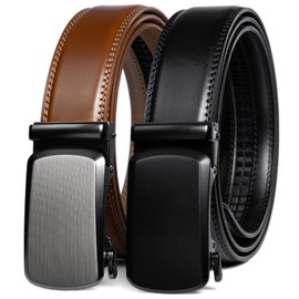 Founders & C Mens Belt 2 Pack,Leather Ratchet Click Belt Dress with Slide Buckle 1 3/8" in Gift Set Box- Size Adjustable (Cognac/Black, 28"-42" Waist Adjustable)