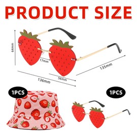 SLAXJNE 1 x strawberry bucket hat and 1 x strawberry glasses, sun protection hat for women, UV protective hat, creative sunglasses, party sunglasses, fashion accessories, red