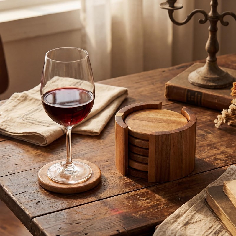 LemonRoad Set of 7 Acacia Wood Coaster Stand Set 6