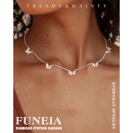 FUNEIA Gold Silver Chain Women's 14 Carat Gold-Plated Necklace Cubic Zirconia Choker Heart Butterfly Flower Chain Hypoallergenic Waterproof Golden Statement Chain Prsonalised Fashion Jewellery Gifts