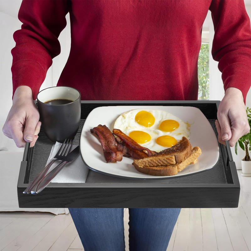 Large Black Solid Wood Serving Tray with Metal Handles, 17