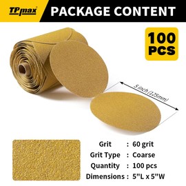 100PCS 5 Inch PSA Sanding Discs 60 Grit | Self-Adhesive Sandpaper Roll for DA Sanders, Orbital Sander | Gold Aluminum Oxide Sticky Back Abrasive Discs for Automotive, Woodworking, and Metal Polishing