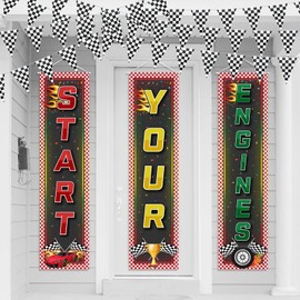 Oudain Racing Car Party Decorations 3 Racing Fans Banners 32. 8 ft Black and White Checkered Pennant Flag Banner, Hanging Race Car Birthday Party Decor for Indoor Outdoor School Game Supplies