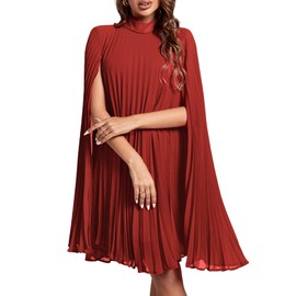 Rooscier Women's Mock Neck Cloak Sleeve Pleated Keyhole Back Flowy Party Midi Dress New Red Medium