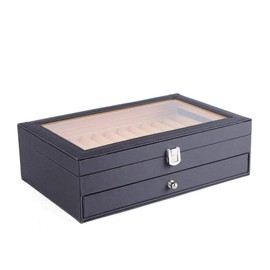 Pen Display Box Leather Flannel Pen Organizer Box,Glass Pen Display Case Storage Box with Lid,Top Glass Window Two Level Display Case with Drawer Pen Collection Display Case (24 Piece)