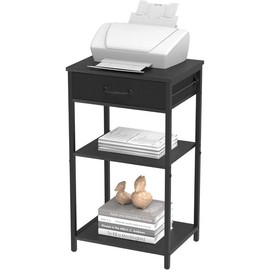 Home Office Printer Stand with Storage Drawer, 3 Tier Small Printer Desk Shelf for Printer, Fax Machine, Scanner, Wood Board and Metal Frame, Black