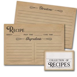 50 Recipe Cards - Tan Vintage Style | 4 x 6 inches, Double Sided with Recipe Box Sticker | Bridal Shower, House Warming Gift