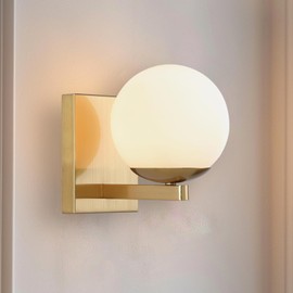 Popity home Gold Mid Centry Modern Wall Sconce, Globe Wall Sconce with Frosted Glass Lampshade, Brass Wall Light Fixture for Bedroom Living Room Bathroom Hallway Entryway