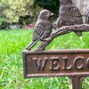 Birds Welcome Sign Lawn Spike Cast Iron Brown Perched Robins