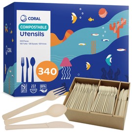 CORAL Light Brown 100% Compostable Silverware Set 340 Pieces - Heavy Duty 160 Forks, 120 Spoons, 60 Knives Bulk - Break Resistant with Smooth Edges, Ocean Friendly Alternative to Plastic Utensils