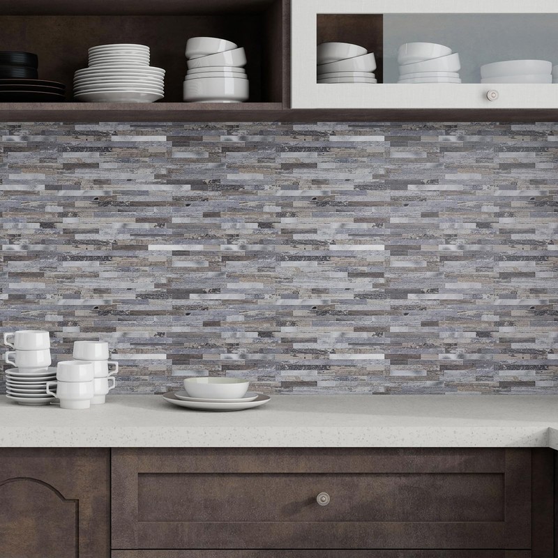 Bainley 10-Sheet Peel and Stick Backsplash, Distressed Wood with Metal