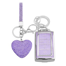 Vicoca for Jeep Key fob Cover with Diamond Heart Keychain, Car Accessories TPU for 2021-2024 Jeep Grand Cherokee L Grand Wagoneer L Wagoneer Grand Cherokee L, Silver Purple