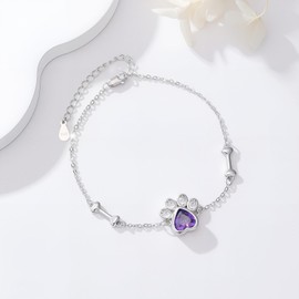 LONAGO Paw Print Bracelet for Pets 925 Sterling Silver Purple Dog Paw with Bone Bracelet for Women