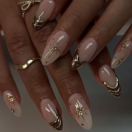 LPOODDNU Gold French Tip Press on Nails 3D Star Sparkle Fake Nails Almond Shape False Nail Tips with Designs Medium Length Artificial Nails Cute Glue on Nails Glossy Stick on Nails for Women