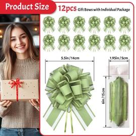 Yokodaza 12Pcs Sage Green Pull Bows for Gift Wrapping - Bean Green Large Ribbon Bows for Presents, Plant Bouquets, Rustic Wedding Decorations