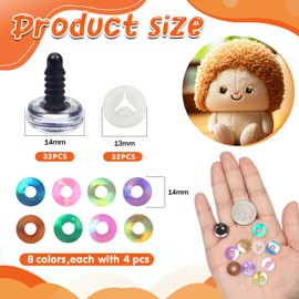 TOAOB 32pcs 14mm Glitter Safety Eyes 8 Mixed Colors Plastic Crafts Crochet Doll Round Eyes with Washers for Amigurumis Stuffed Animals DIY Puppet Doll Making Decorations