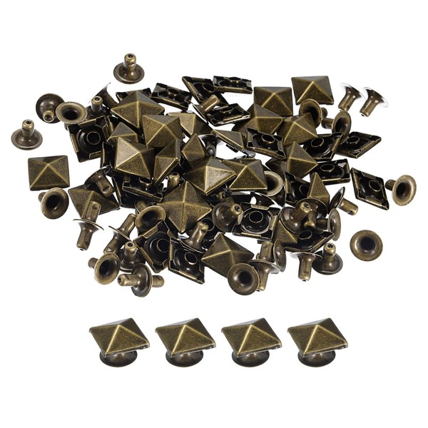 sourcing map 50 Sets Spike Rivet, 10mm Pyramid Rapid Rivet Studs Square Punk Spikes Leathercraft Decoration for Clothing Belts Bags Shoes, Bronze Tone