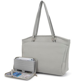 YZAOLL 15.6 Inch Laptop Tote Bag for Women,Water-resistant Vegan Leather with Anti-Scratch Padded Sleeve,Lightweight Multi-Pocket Work Bag for Business Travel,College,Office Essentials,Grey