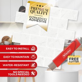 XFasten Backsplash Tile for Kitchen Peel and Stick Tile 10pcs 12” x 12” w/Mini Cutter White Marble Subway Tile Peel and Stick Backsplash High Temp Bathroom Kitchen Wall Tiles Peel and Stick for Walls